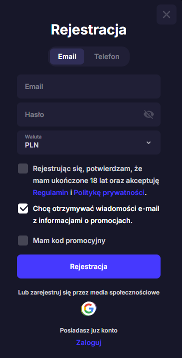 Formularz rejestracji konta gracza